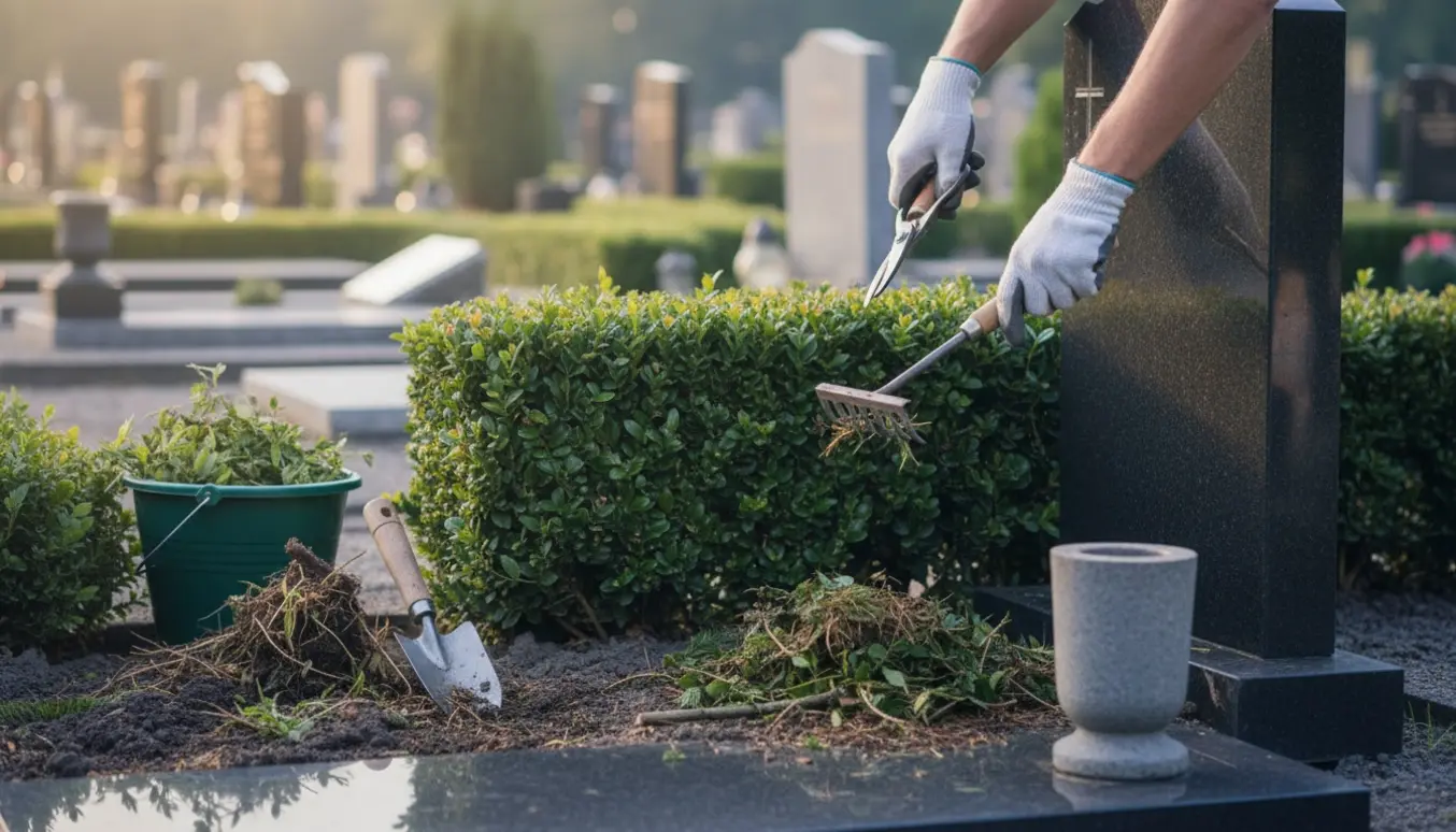 Nærbillede af hænder, der klipper hæk og fjerner ukrudt og gran på en velplejet gravplads.
