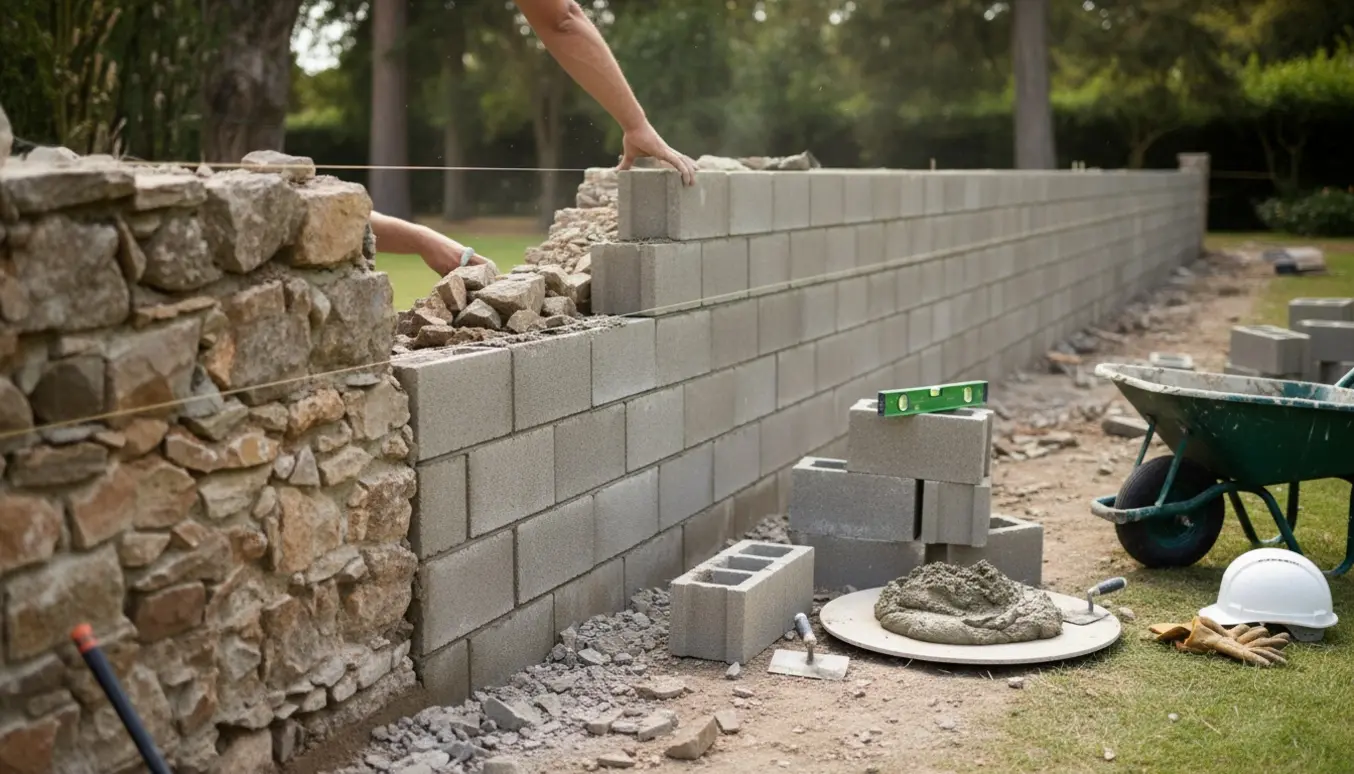 Delvist nedbrudt 20 m stenmur og håndværkerhænder, der genopbygger en ny 5-blok høj mur med blokke og mørtel.