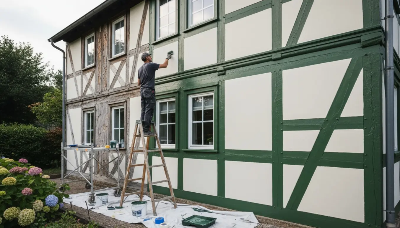 Hus set i trekvart vinkel, hvor facader males med mur og bindingsværk i hver sin farve.