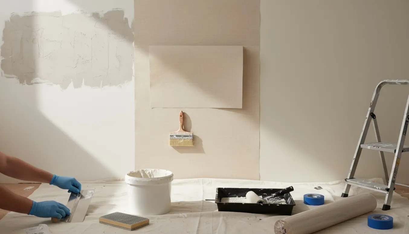 Lille solbelyst værelse under renovering med spartlede vægge, opsat filt og malerredskaber klar til maling.