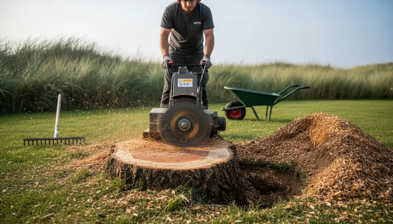 Rodfræser fjerner en kirsebærstub på ca. 25 cm i diameter til omkring 10 cm under jordoverfladen i en have ved Vesterhave.