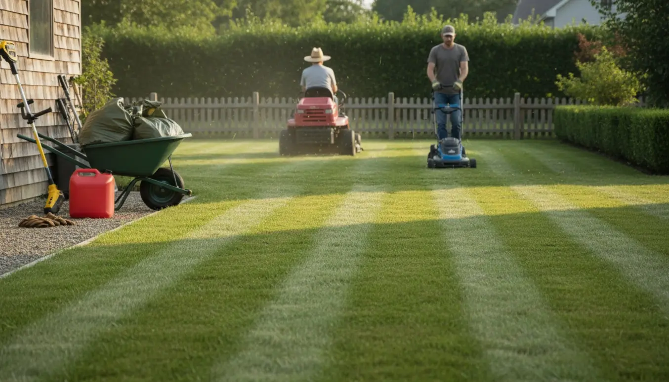 To haver med slået græs, en brugt ride-on plæneklipper og en push-mower skaber stribede, nyklippede plæner.