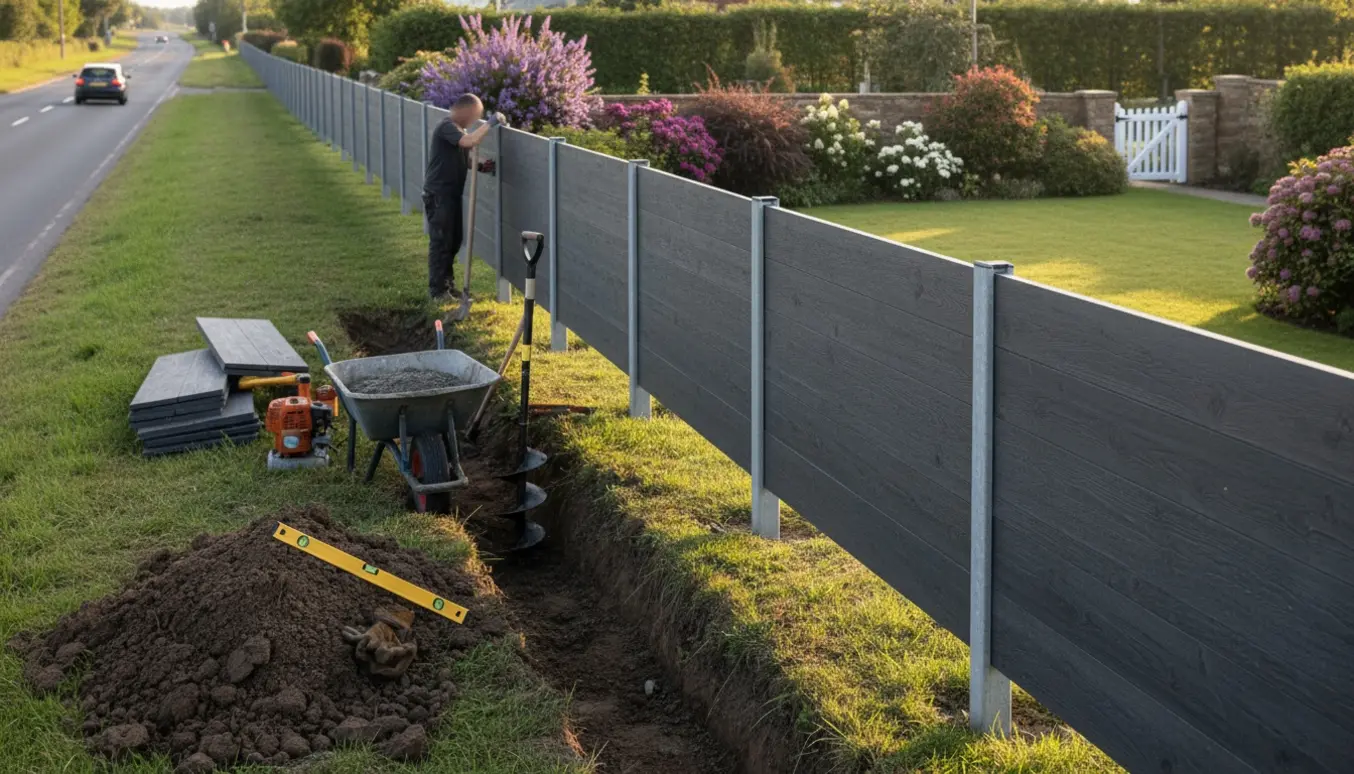 Støjhegn opsættes langs en lille høj ved vejen med gravet rille, værktøj og stabler af paneler.