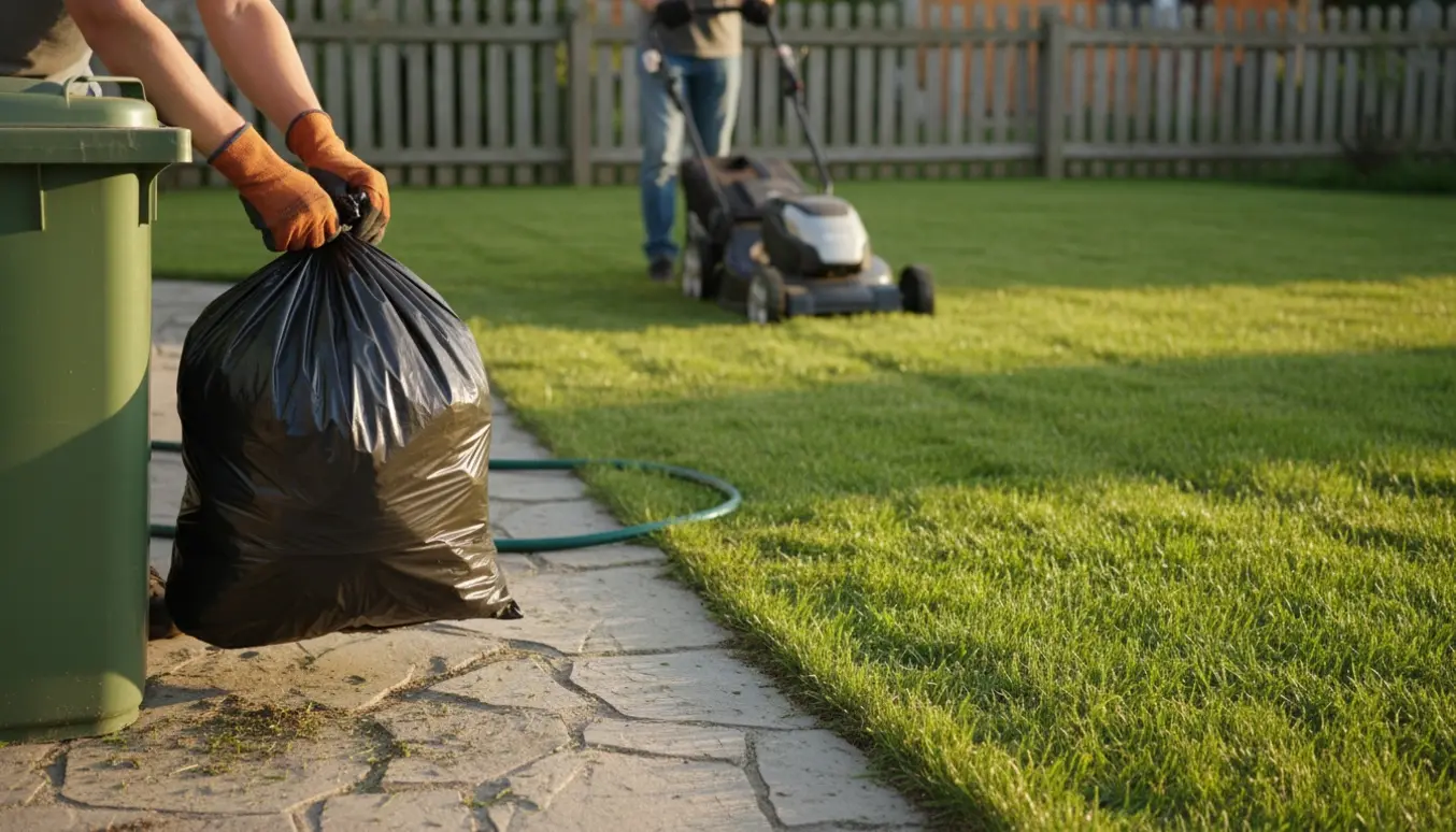 Hænder binder en affaldspose ved en åben grøn renovationsbeholder, mens en person slår græsset med en plæneklipper.