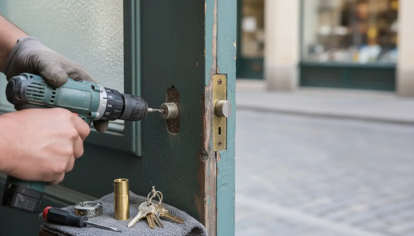 En låsesmed udskifter cylinderlåsen på yderdøren til salonens toilet på gågaden; kun hænder og værktøj er synlige.