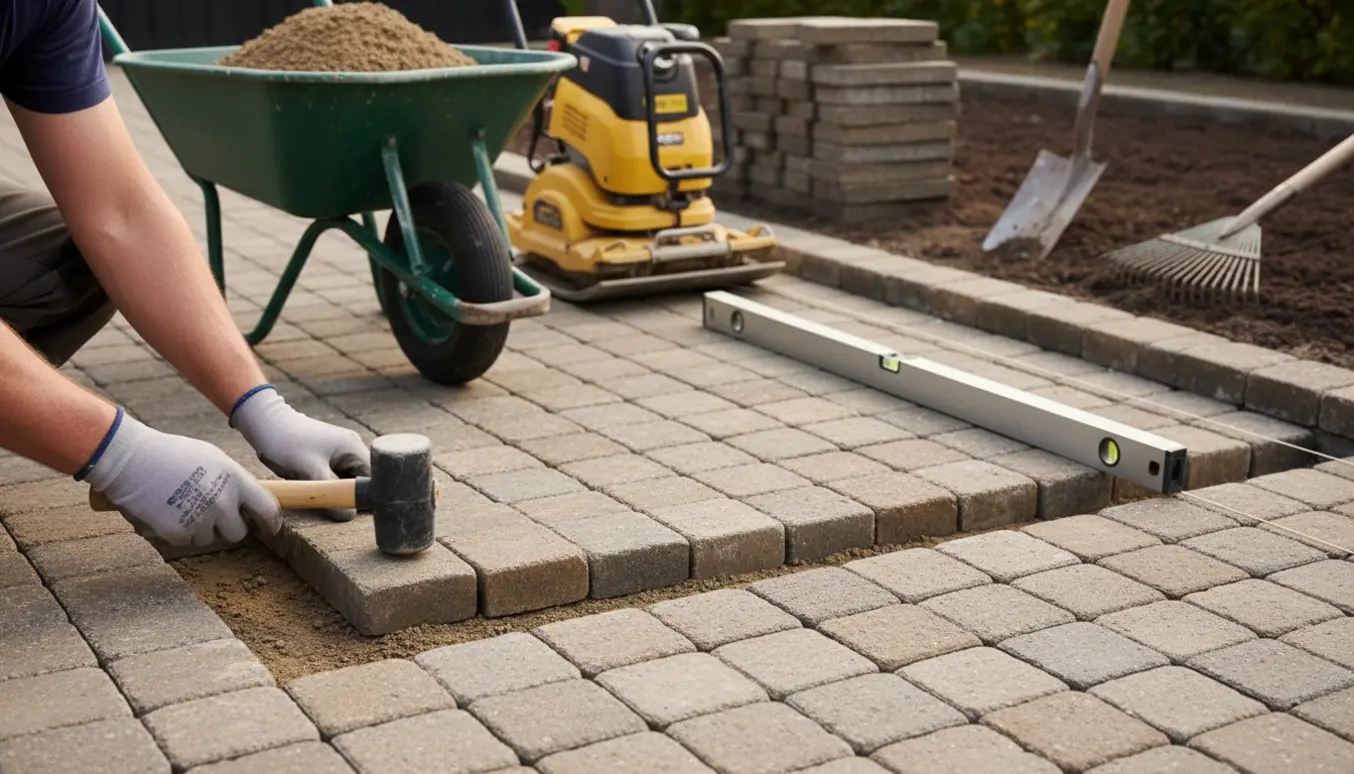 Terrasse med herregaardssten løftet og oprettet med grus, værktøj og nyplantede bede i baggrunden.