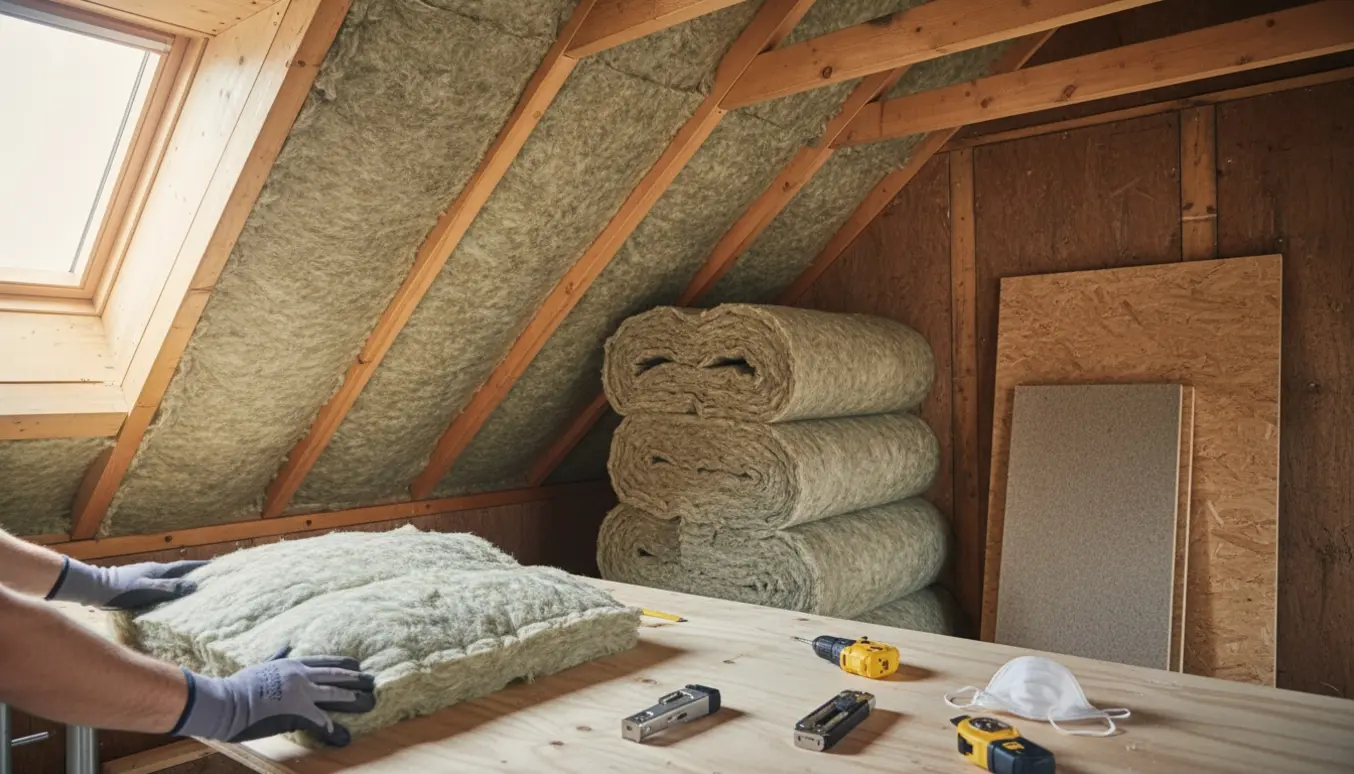 Halvfærdigt 24 m² loft med 300 mm isoleringsbatts mellem spærene og værktøj klart til montering.