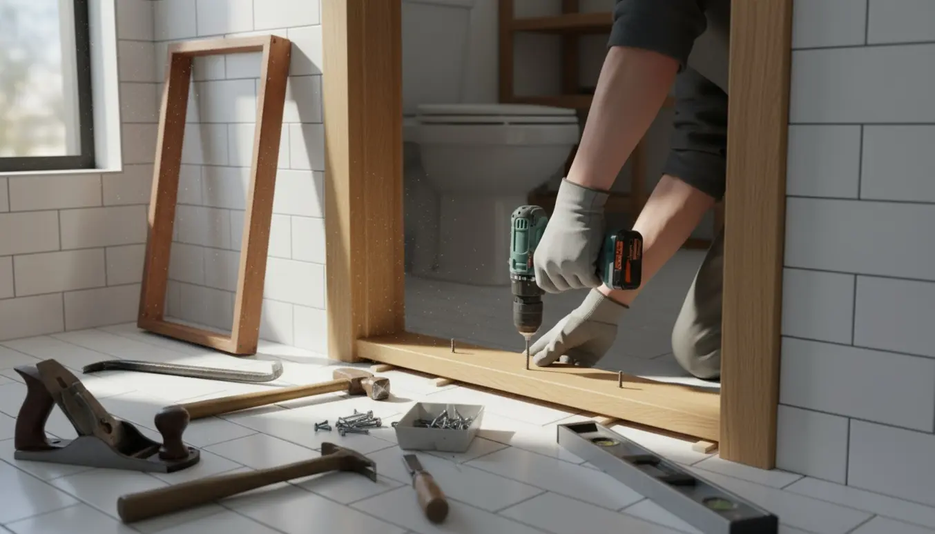 Montering af ny dørkarm og bundstykke i et lyst badeværelse med værktøj og hænder i fokus.