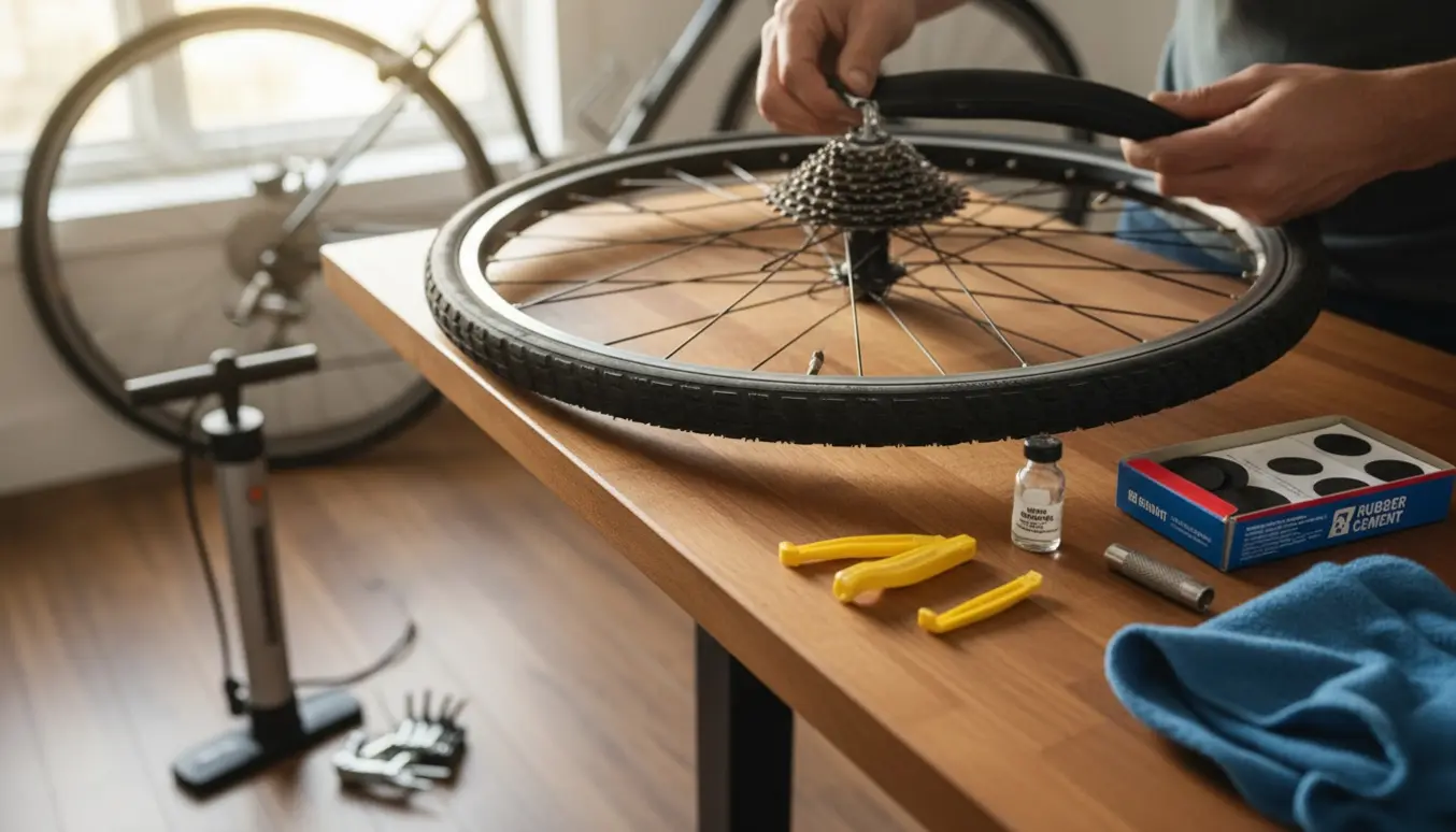 Hænder lapper et punkteret bagdæk på en cykel med lapningssæt på en arbejdsbænk.