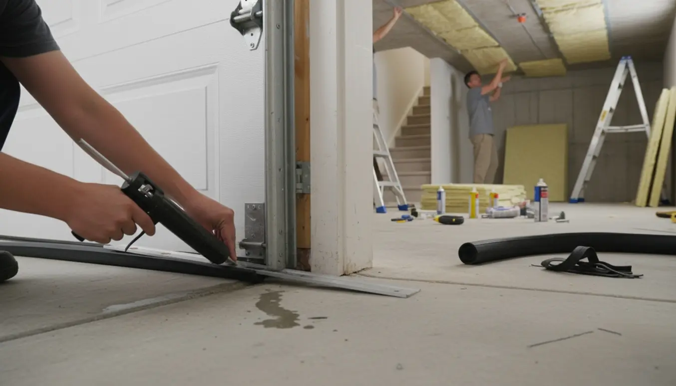 Nærbillede af tætning af garageport med gummibundliste og opsætning af isoleringsmåtter i kælderloftet.