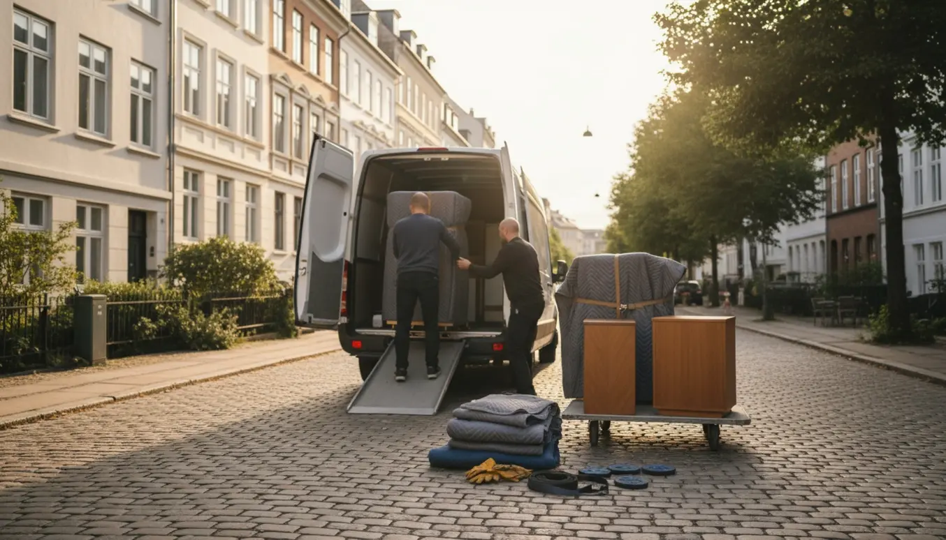 To flyttemænd læsser to store skabe og to mindre skabe ind i en varevogn på en københavnsk gade, beskyttet med flyttetæpper.