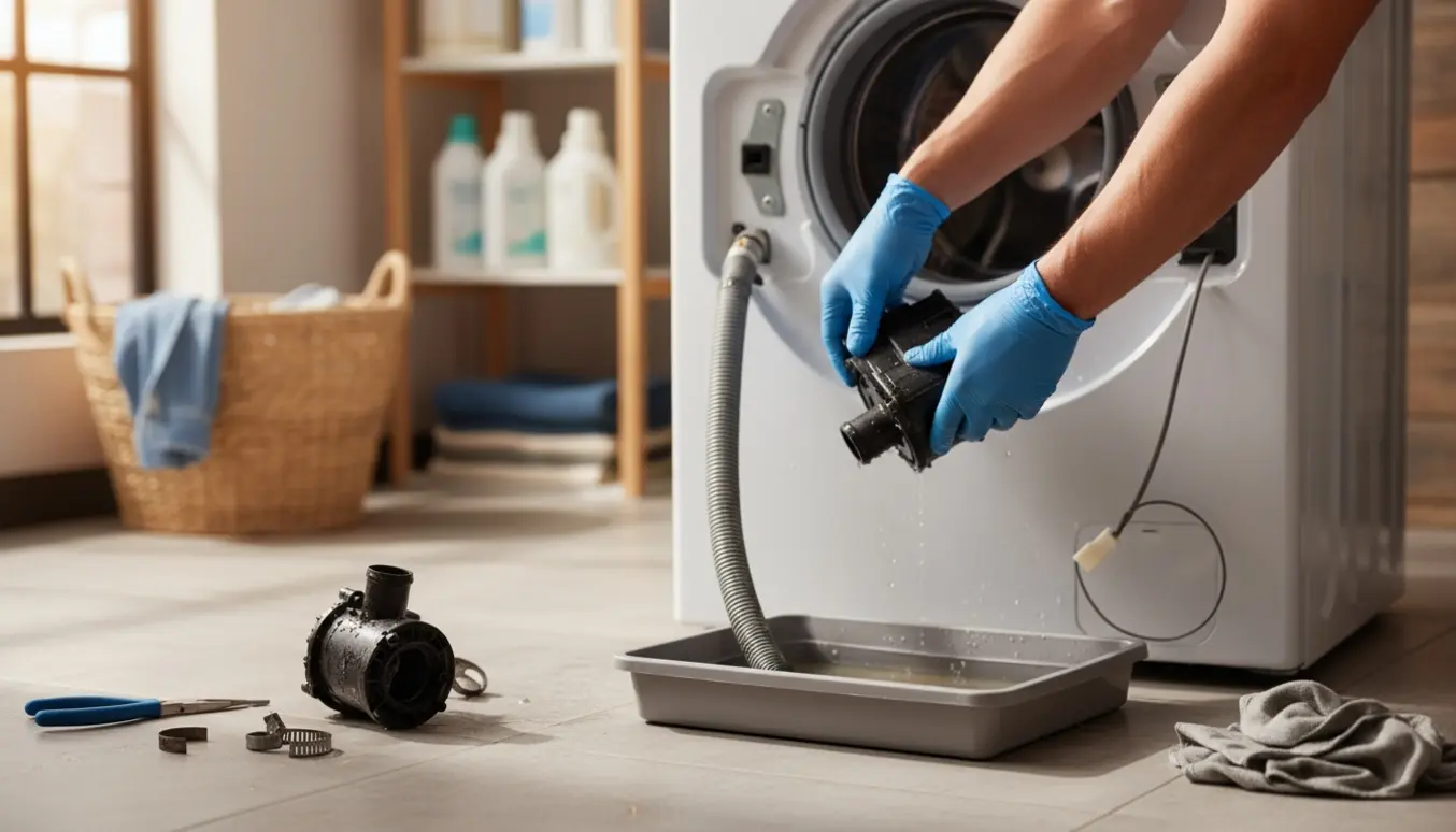 Nærbillede af hænder, der udskifter afløbspumpen i en åben vaskemaskine med værktøj og en spand til vandet.