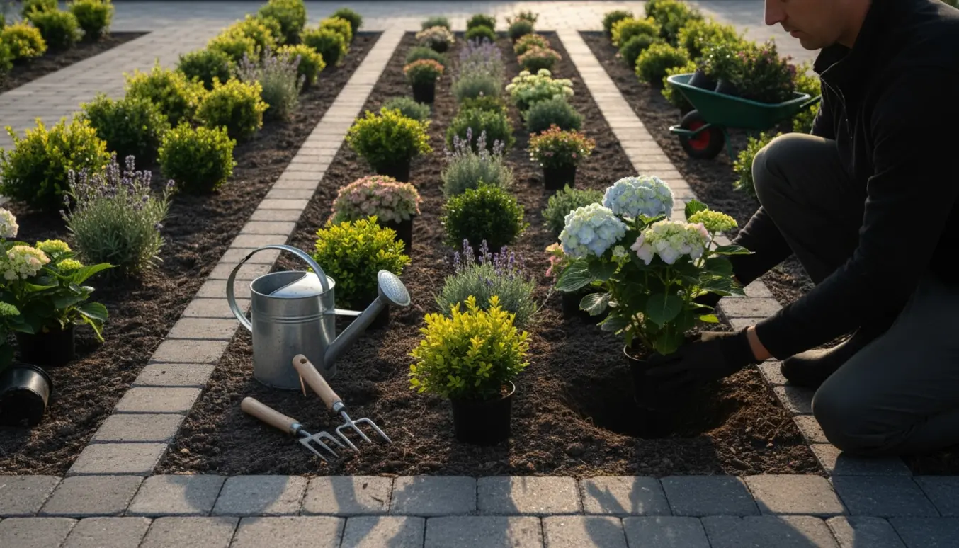 Nyanlagte, smalle bede med hortensia og små buske under plantning.