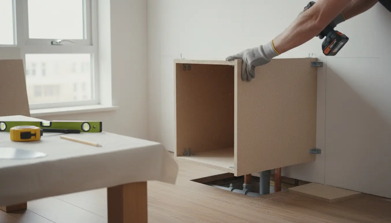 En håndmonteret MDF-kasse monteres omkring rør på væggen med en lille afstand til gulvet.