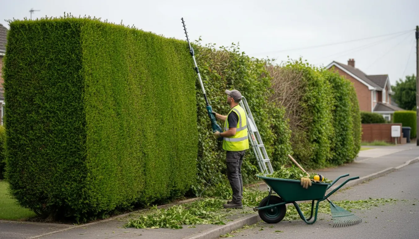 En person klipper en lang hæk fra vejens side med en lang hækkeklipper, ansigtet er ikke synligt.