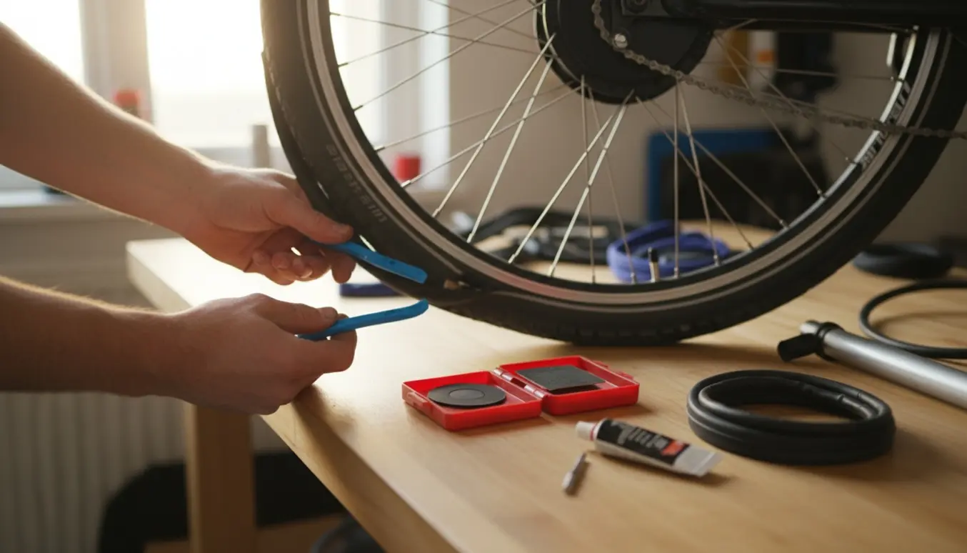 Hænder lapper et punkteret bagdæk på en elcykel ved et lyst værkstedsbord.