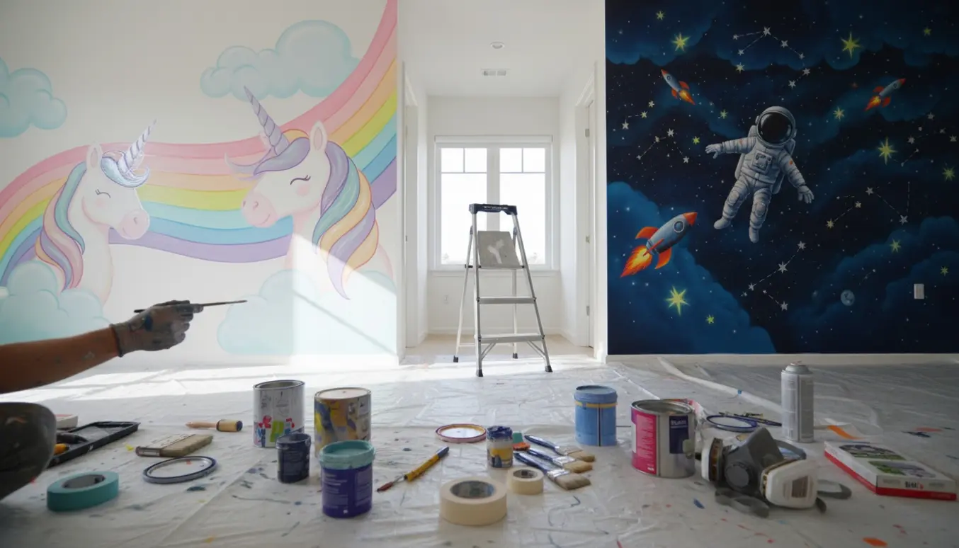 To børneværelser med et regnbue- og enhjørningsmural samt et rum med astronaut, raketter og stjernehimmel, med malerværktøj i forgrunden.