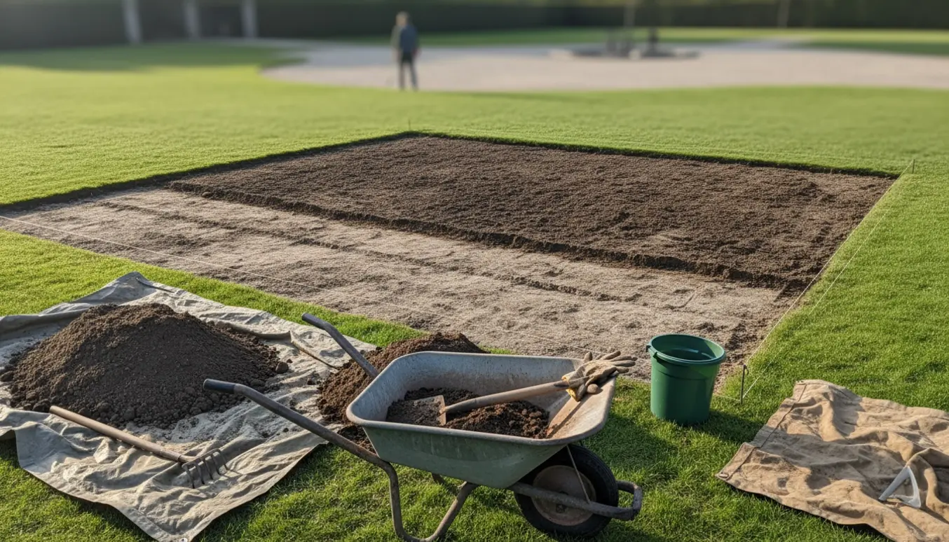 Delvist udgravet urtehave med trillebør, skovl og jordbunker ved kanten, klar til bortkørsel.