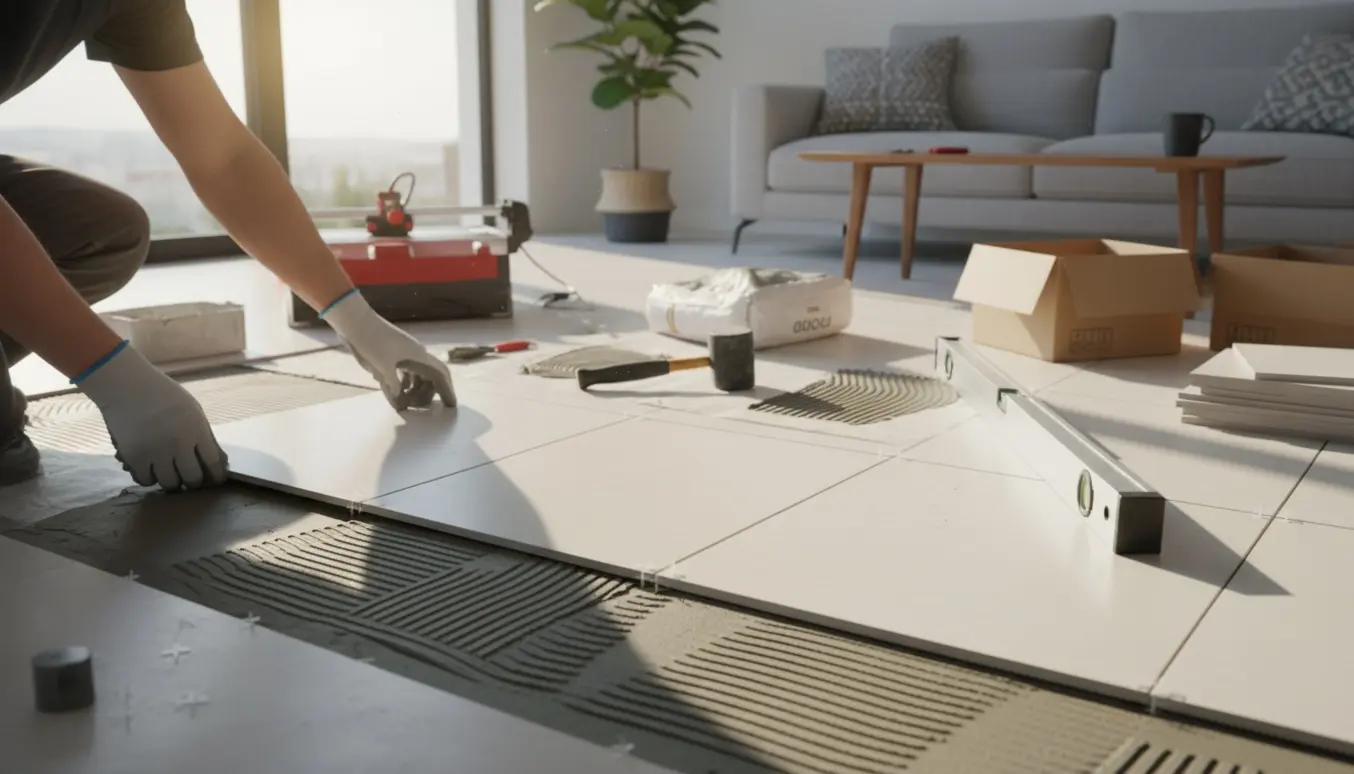 Håndværker placerer store kvadratiske klinker i en lys stue med smalle fugeafstande.