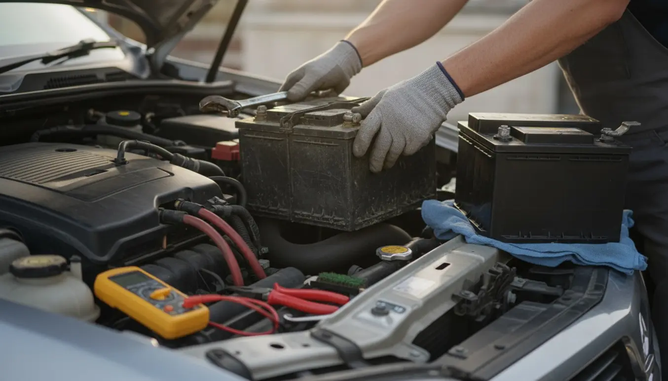 Hænder i handsker fjerner et bilbatteri under en åben motorhjelm med værktøj ved siden af.