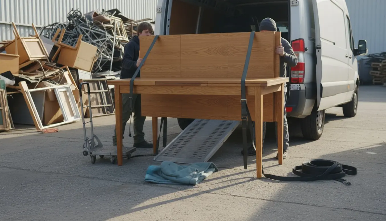 Stort træspisebord med udtræksplader læsses i en varebil ved en genbrugsstation.