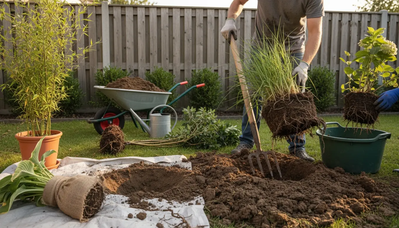 Havearbejde med opgravning og omplantning af elefantgræs, klatrehortensia og bambus i et udgravet plantehul.