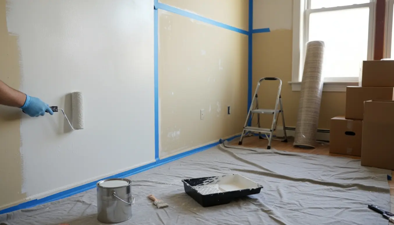 Tom lejlighed med en halvmalet væg, malergrej på afdækningsplast og handsker ved fraflytningsmaling.