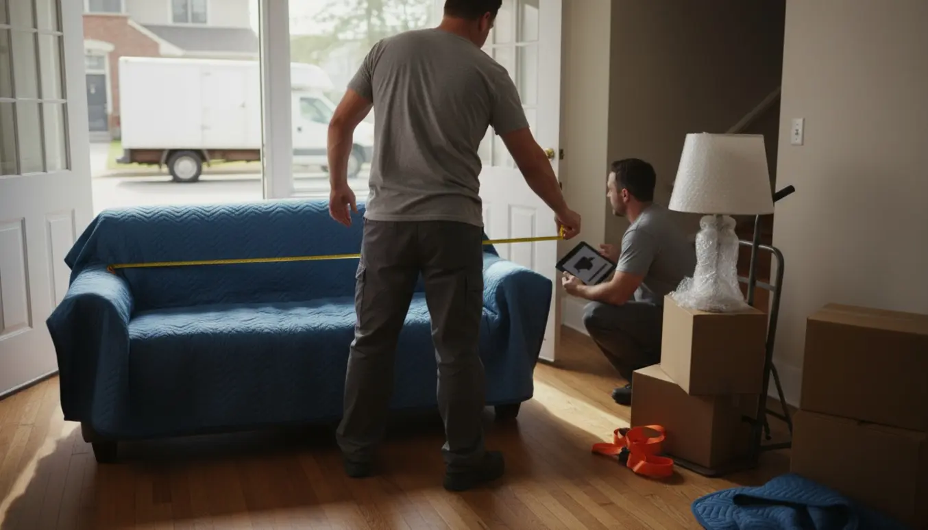 To flyttemænd vurderer møbler og kældernedgang med flyttebil parkeret udenfor.