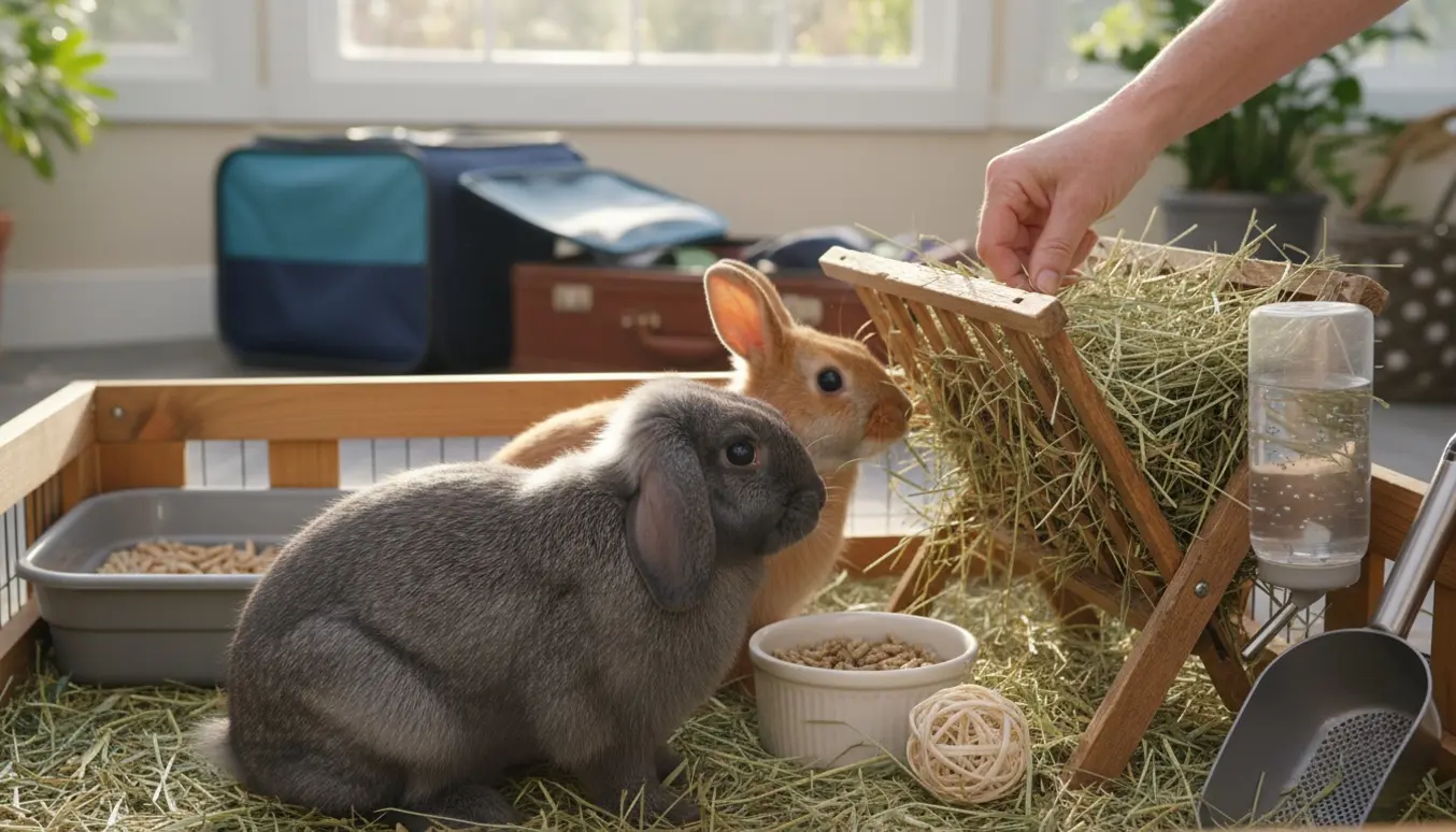 Hænder fylder frisk hø i et lyst kaninbur, hvor to kaniner spiser, med en åben kuffert i baggrunden.