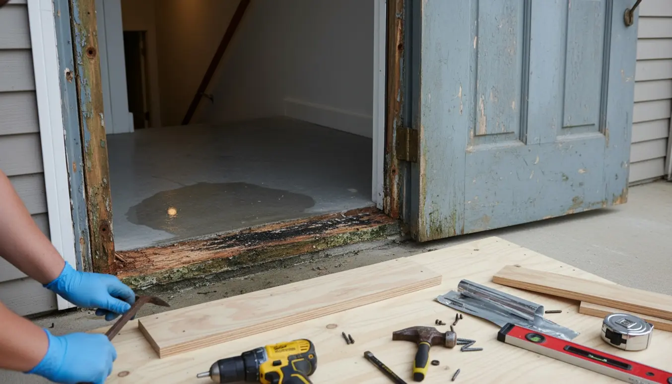 Udskiftning af hoveddørens rådne underkarm med værktøj og ny tærskel klar.