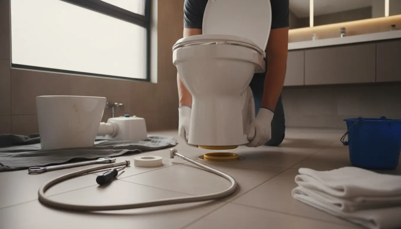 Person installerer nyt toilet i et lyst badeværelse med fokus på hænderne og toilettets bund.