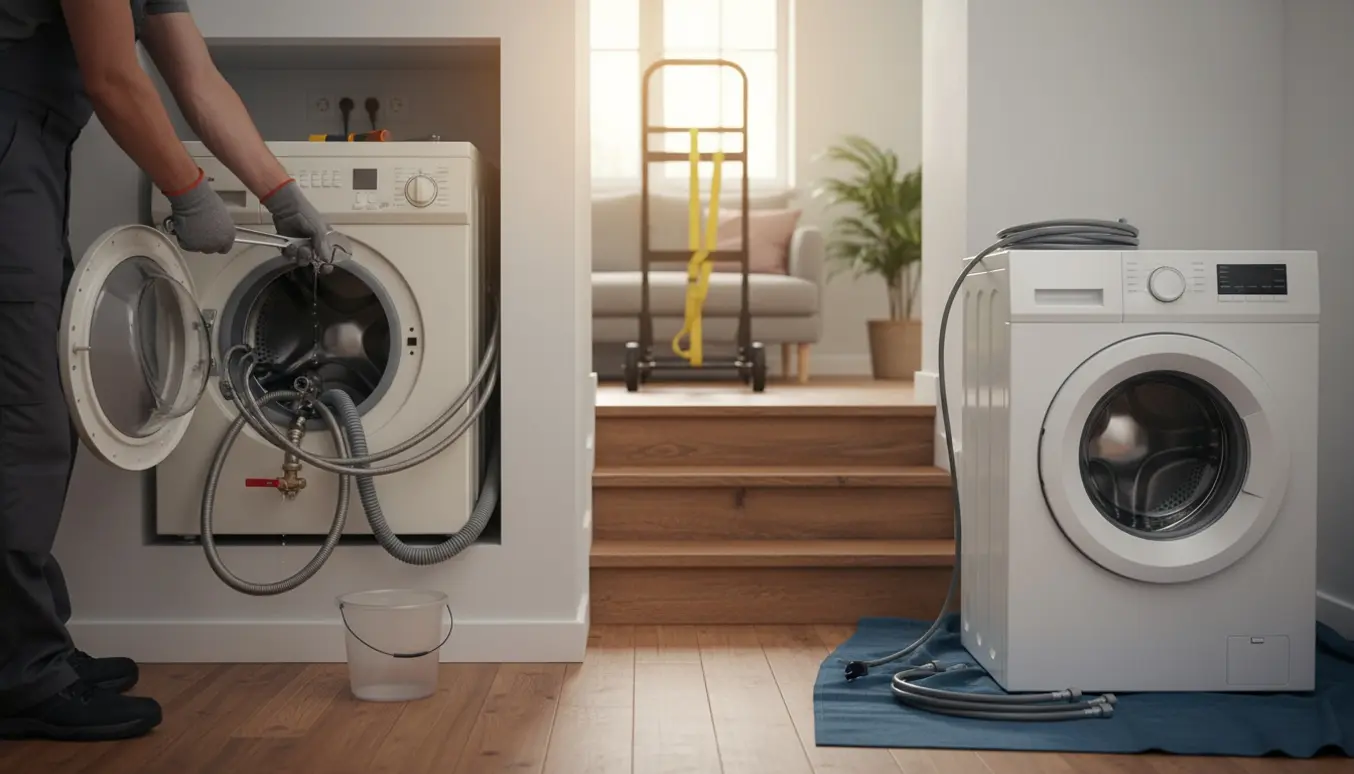 Tekniker afmonterer en indbygget vaskemaskine i en stue med fem trappetrin, klar til at tilslutte en ny.