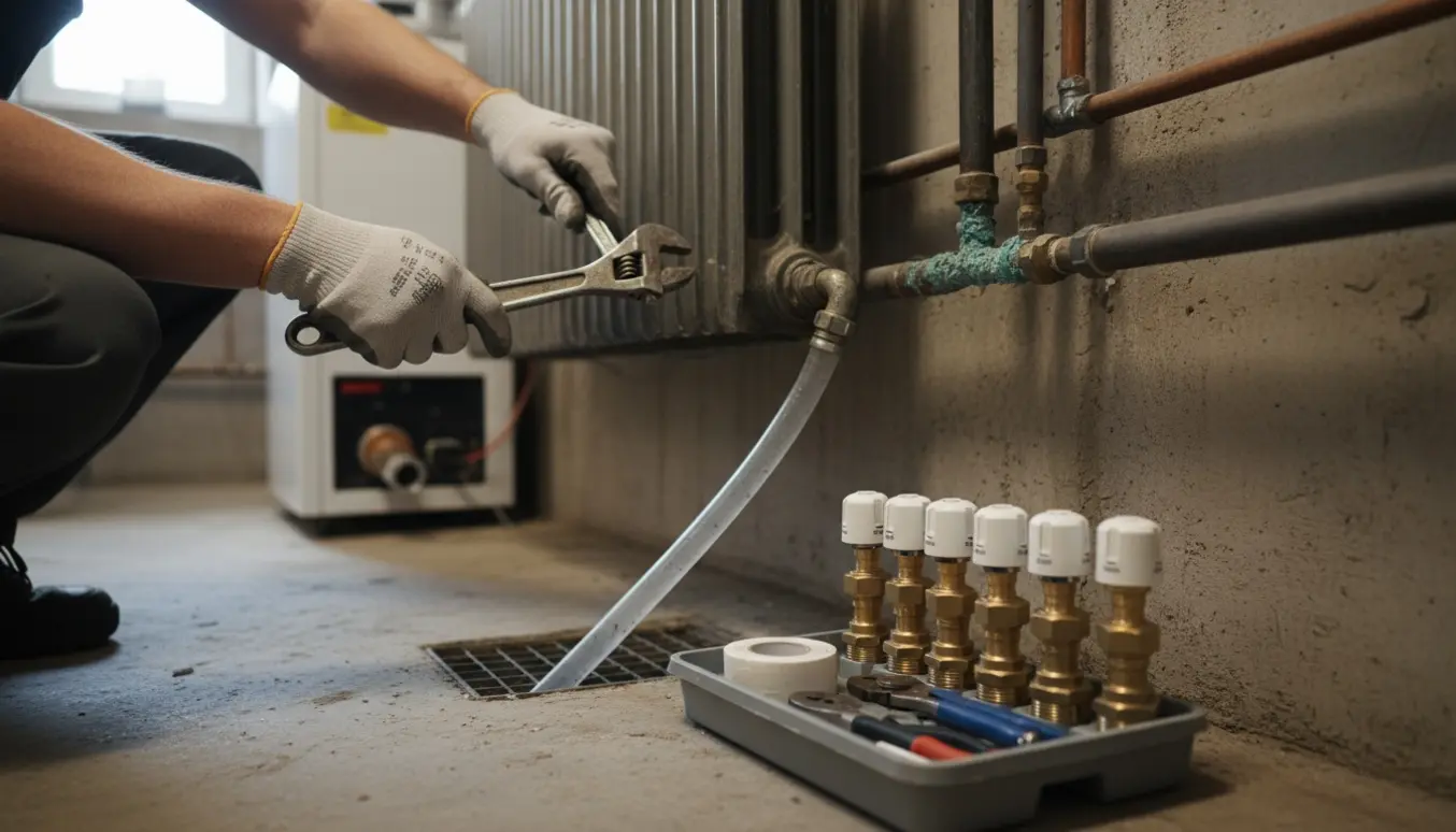 Hænder afmonterer en gammel radiatorventil i en kælder med nye ventiler og en kondensslange ført ned til gulvristen.