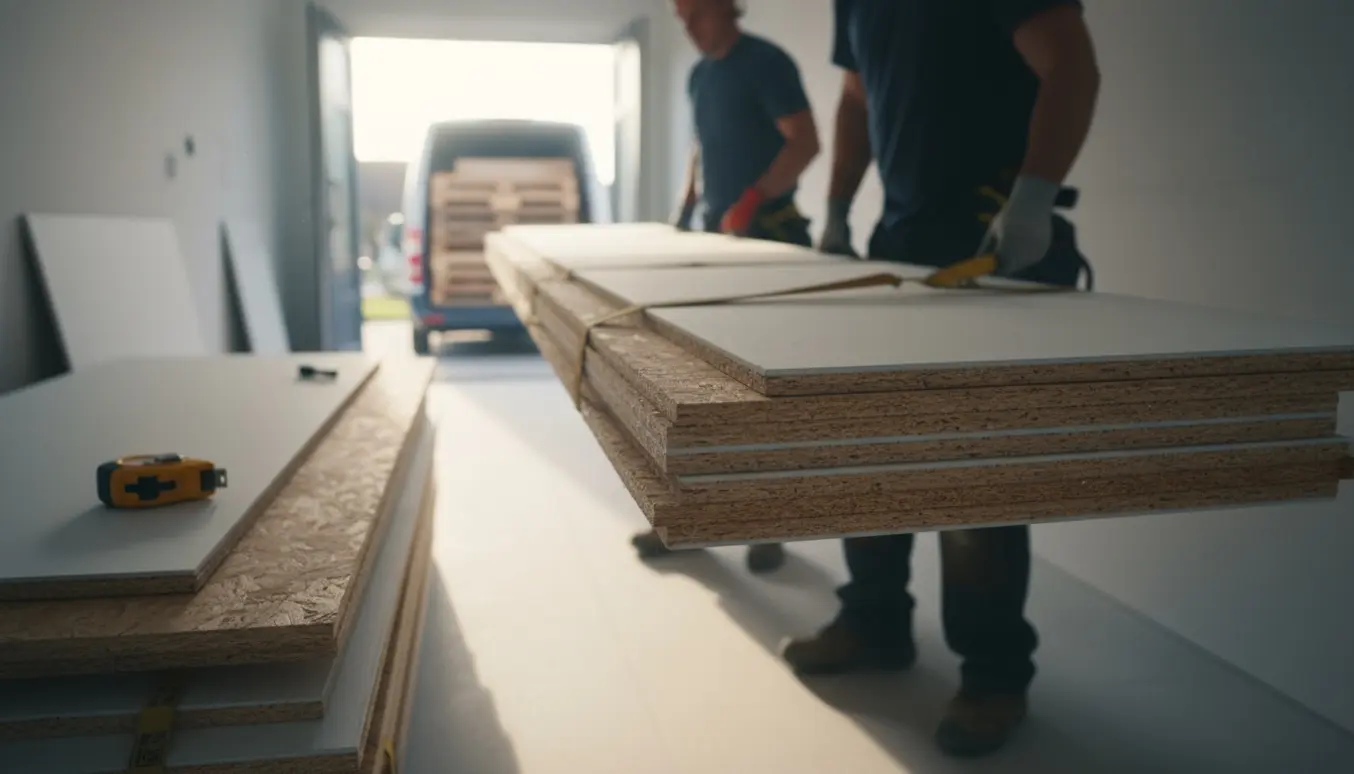 Håndværkere bærer gips- og OSB-plader op ad en bred gang mod 2. sal.