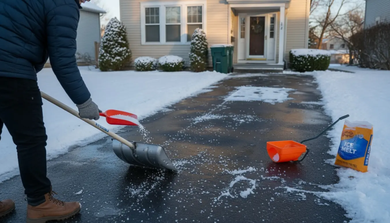 Tidlig morgen hvor fortov og indkørsel ryddes for sne og besaes med salt foran hoveddøren og skraldespandene.