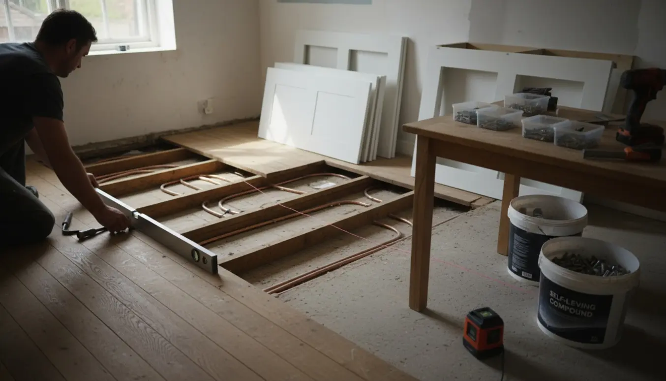 Køkken under renovering med fjernet egeplankegulv, synlige gulvvarmerør og en snedker der arbejder med vaterpas.