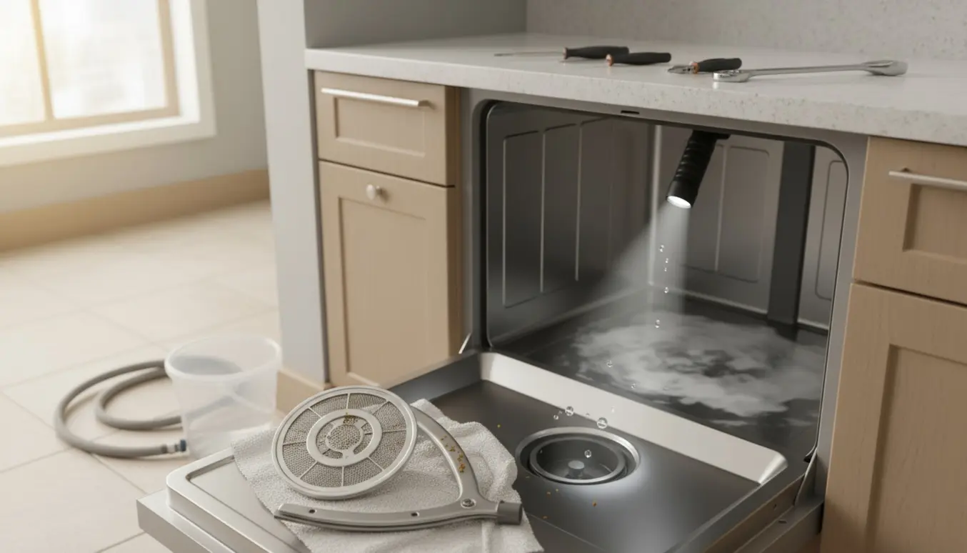 Åben opvaskemaskine med stående vand, fjernet filter og værktøj klar til eftersyn.