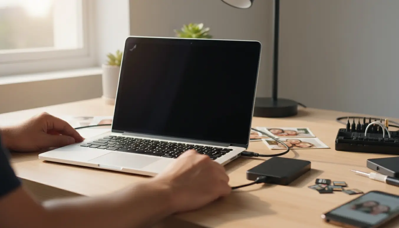 En slank sølv-bærbar med sort skærm forbundet til en ekstern harddisk på et lyst skrivebord med familiebilleder.