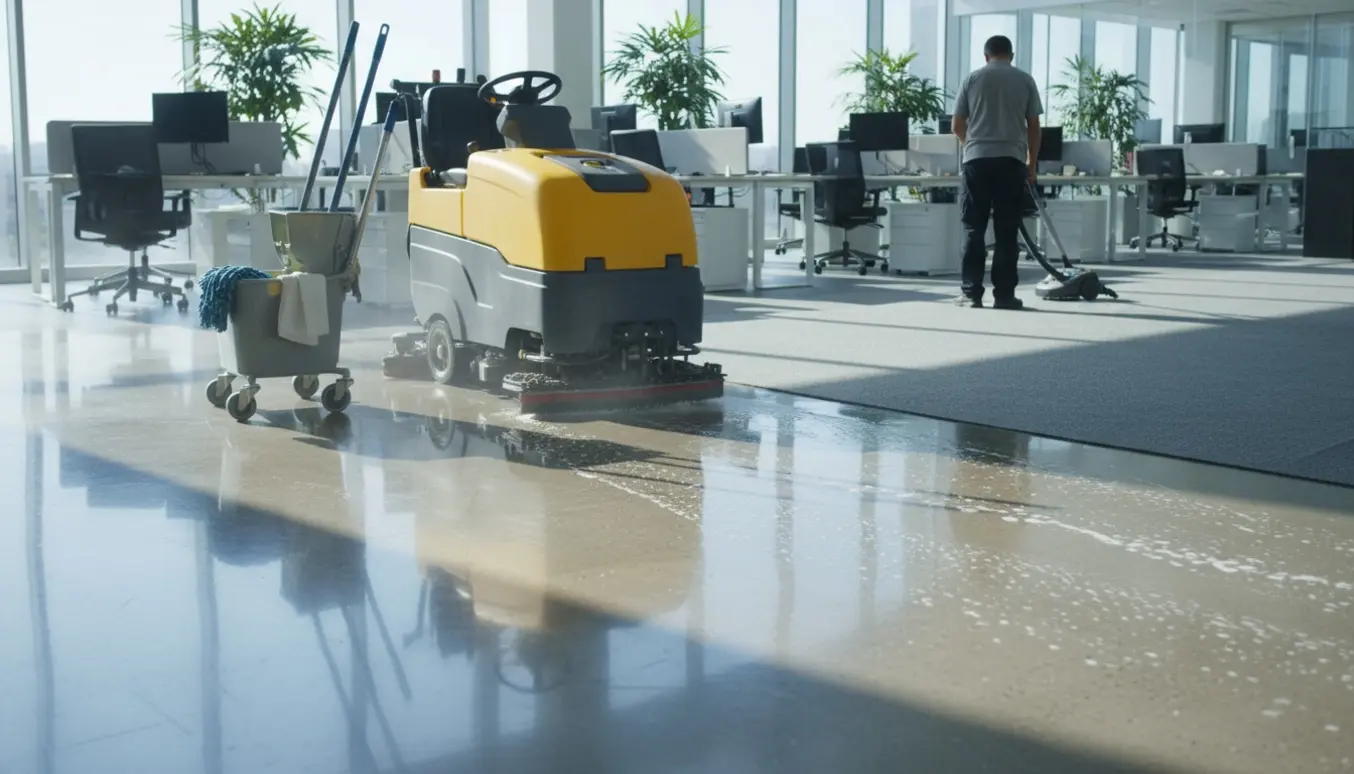 Professionel rengøringsmaskine polerer gulvet i et lyst, moderne kontor uden synlige ansigter.