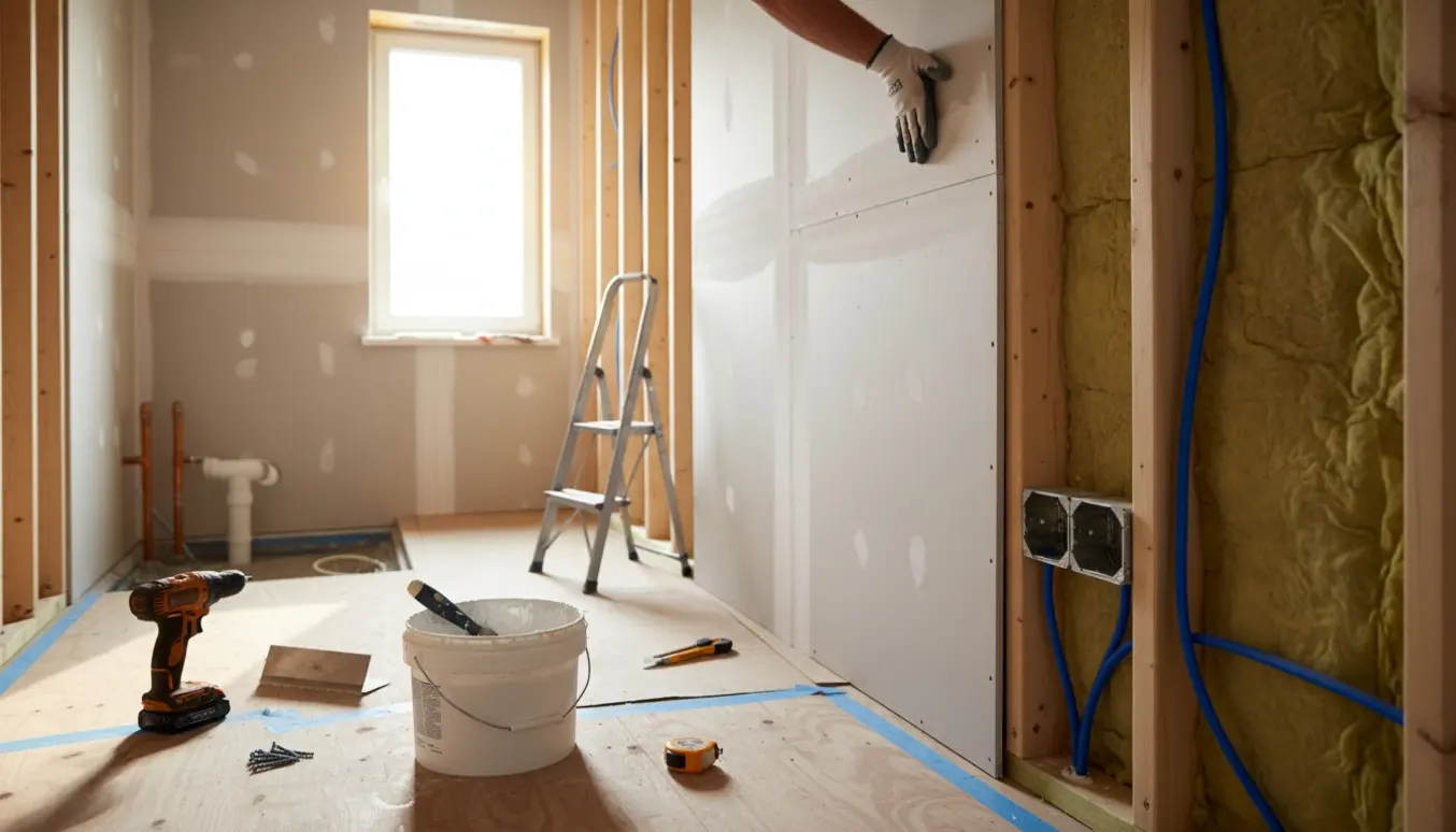Indvendigt billede af en lille lejlighed under opbygning med gips, el-installationer og forberedte baderumsrør.