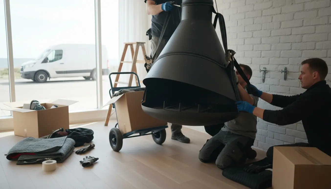 To personer afmonterer en tung væghængt pejs med løftestropper og tralle i en lys, skandinavisk stue klar til transport.