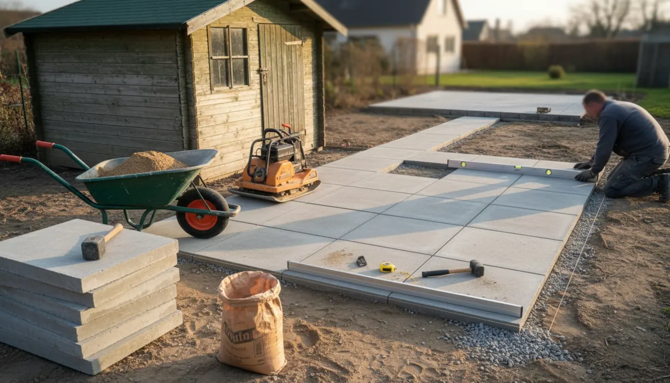 Ny fliseterrasse med 50x50 cm fliser under lægning, værktøj og en sti mod et lille skur.