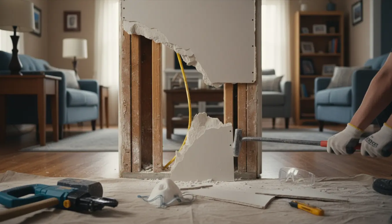 Delvist nedbrudt gipsvæg i en døråbning mellem to stuer med værktøj og murbrokker på gulvet.