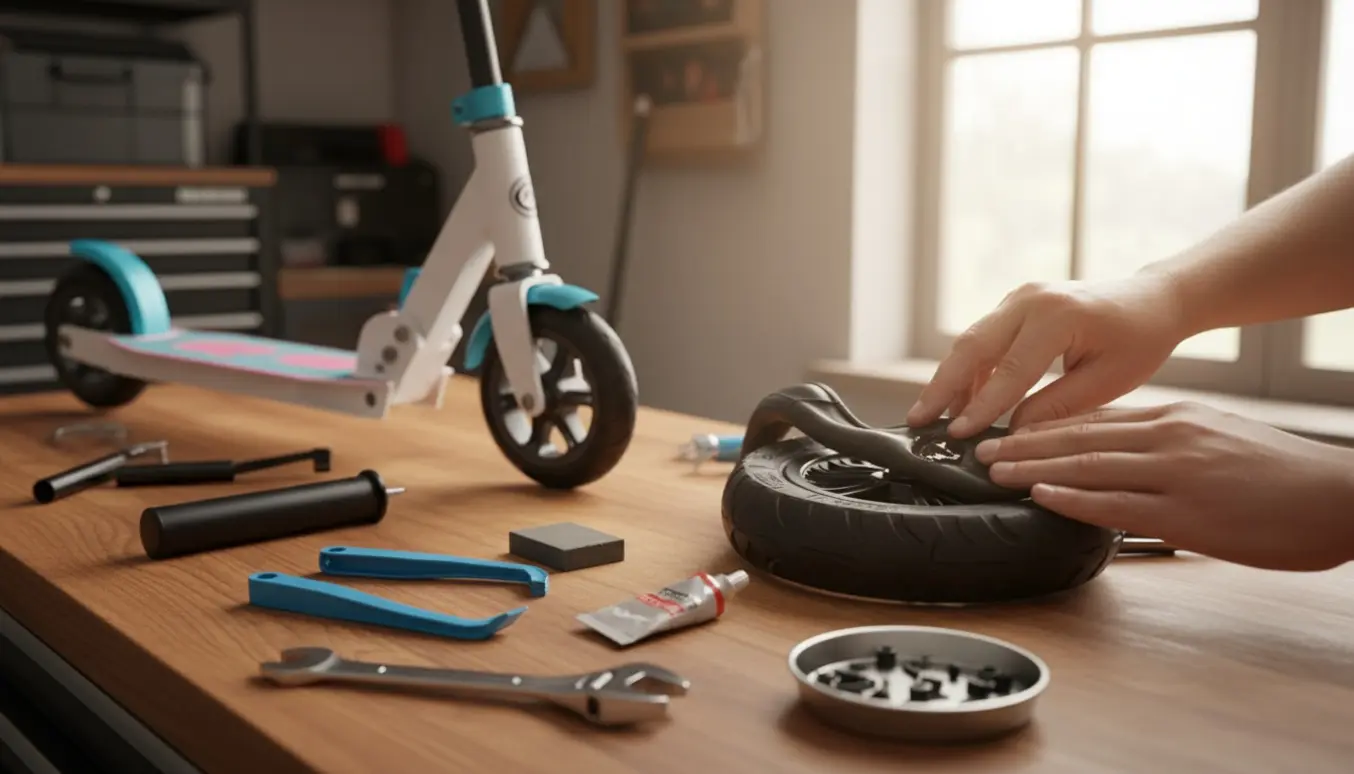 Hænder lapper et punkteret dæk på et lille el-løbehjul i en oplyst garage.