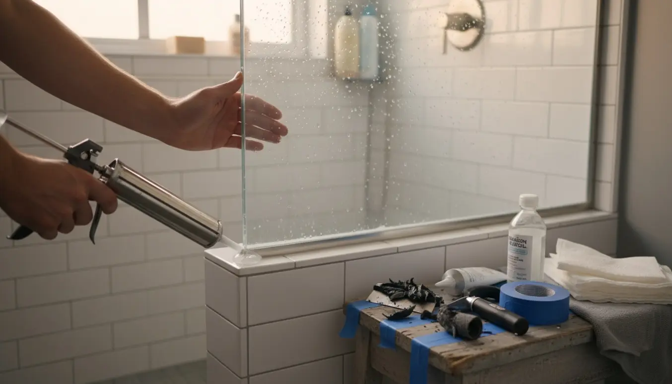 Hænder udskifter gummifuge i en flisebruseniche med fugepistol og værktøj.