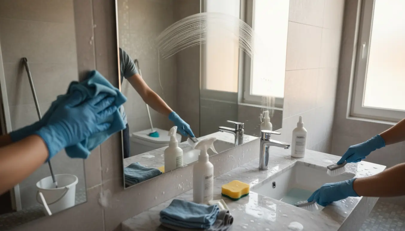 Nærbillede af hænder i gummihandsker, der aftørrer spejl og afkalker håndvasken i et lyst badeværelse.