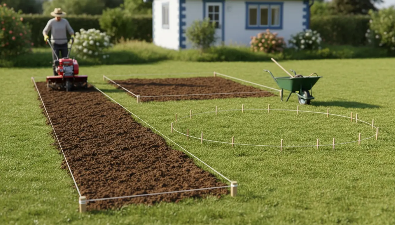 Sommerhusgrund med tre afgrænsede områder (lang stribe, cirkel og firkant) klar til fræsning, med en lille fræser og nyfræset jord.