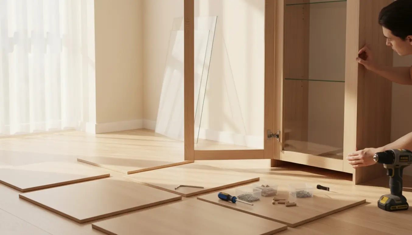 Halvfærdigt vitrineskab under samling med plader, glas, skruer og hænder i et lyst hjem.