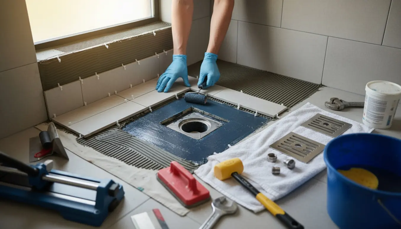 Bruseniche under renovering med nye fliser, åben afløbsrist og tætning i gang.