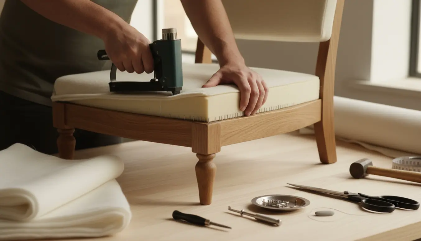 Nærbillede af ombetrækning af spisebordsstol med off-white uldstof på et soloplyst arbejdsbord.